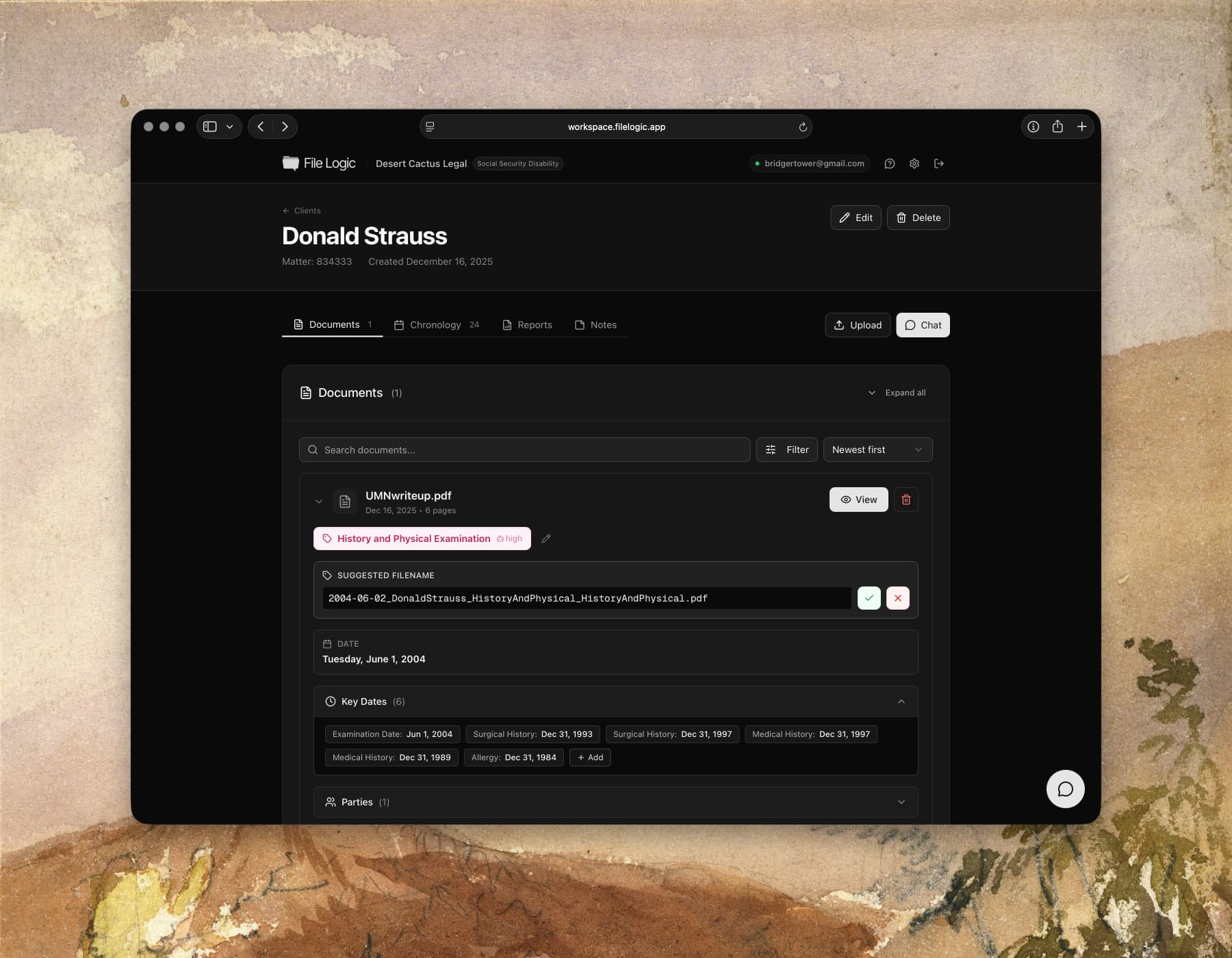 File Logic client dashboard showing documents and medical records